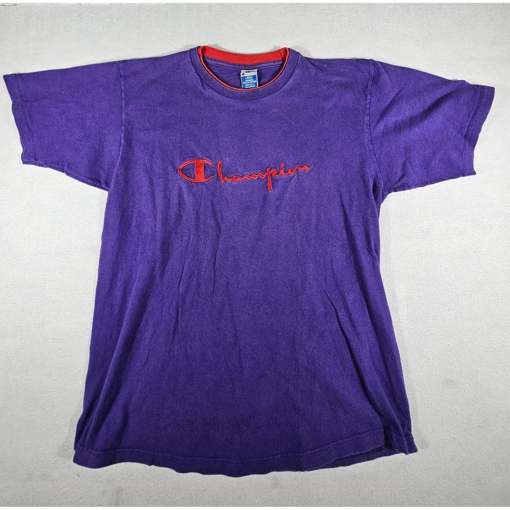 Vintage Champion T Shirt Mens Large Purple Red Script Logo Made in USA 90s - Picture 2 of 10